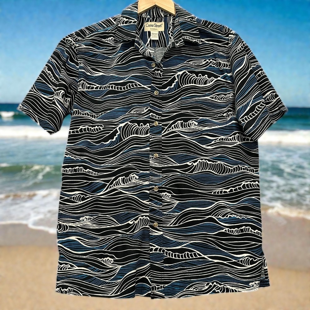 Cooke Street Hawaiian Aloha Shirt Mens M 100% Cotton Blue Black White‎ Waves EUC